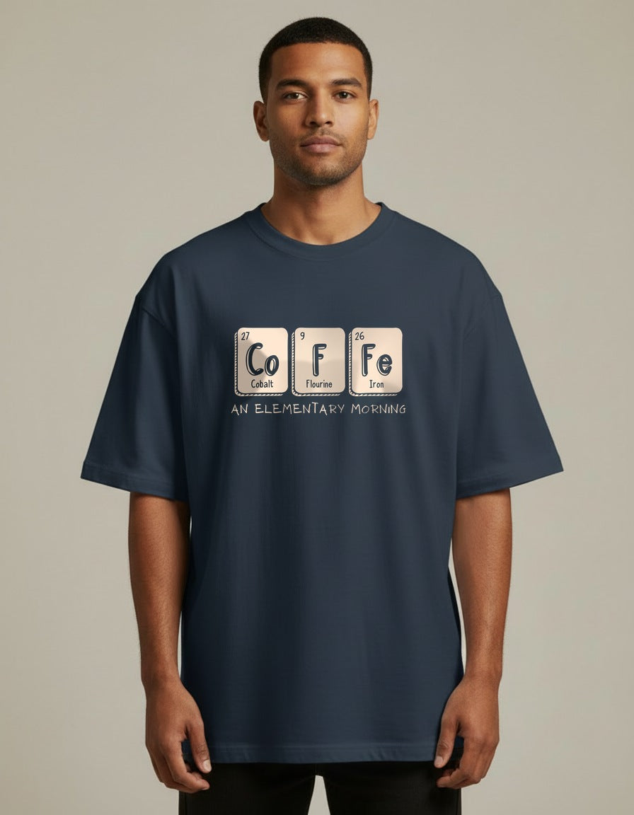 Elementary Coffee - Navy Blue - Chapter26 premium oversized graphic t-shirt, worn by a male model