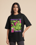 Embrace The Chaos - Black - Chapter26 premium oversized graphic t-shirt, worn by a female model