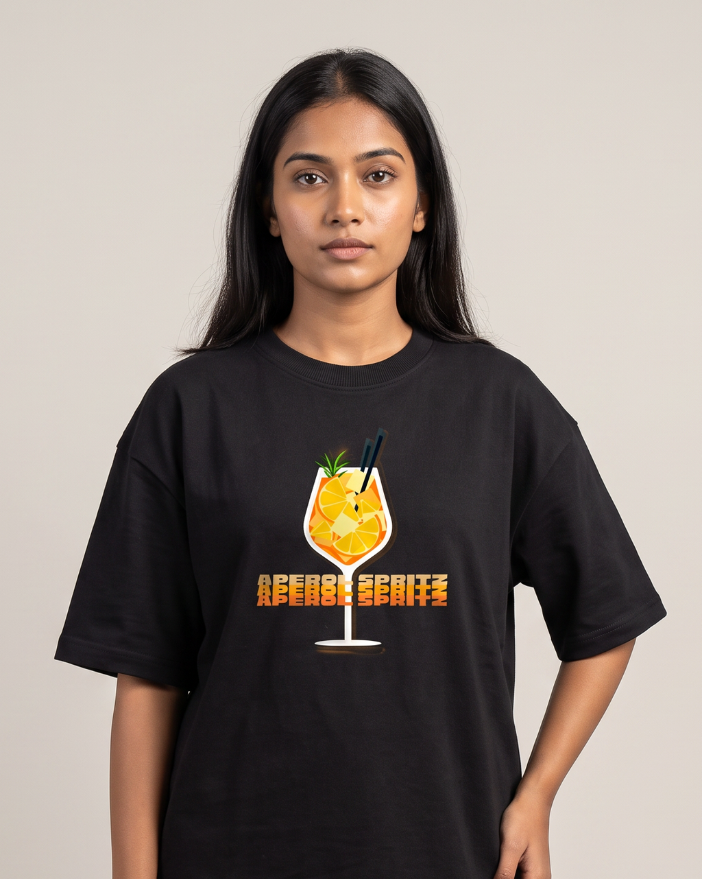 Aperol Spritz - Black - Chapter26 premium oversized graphic t-shirt, worn by a female model
