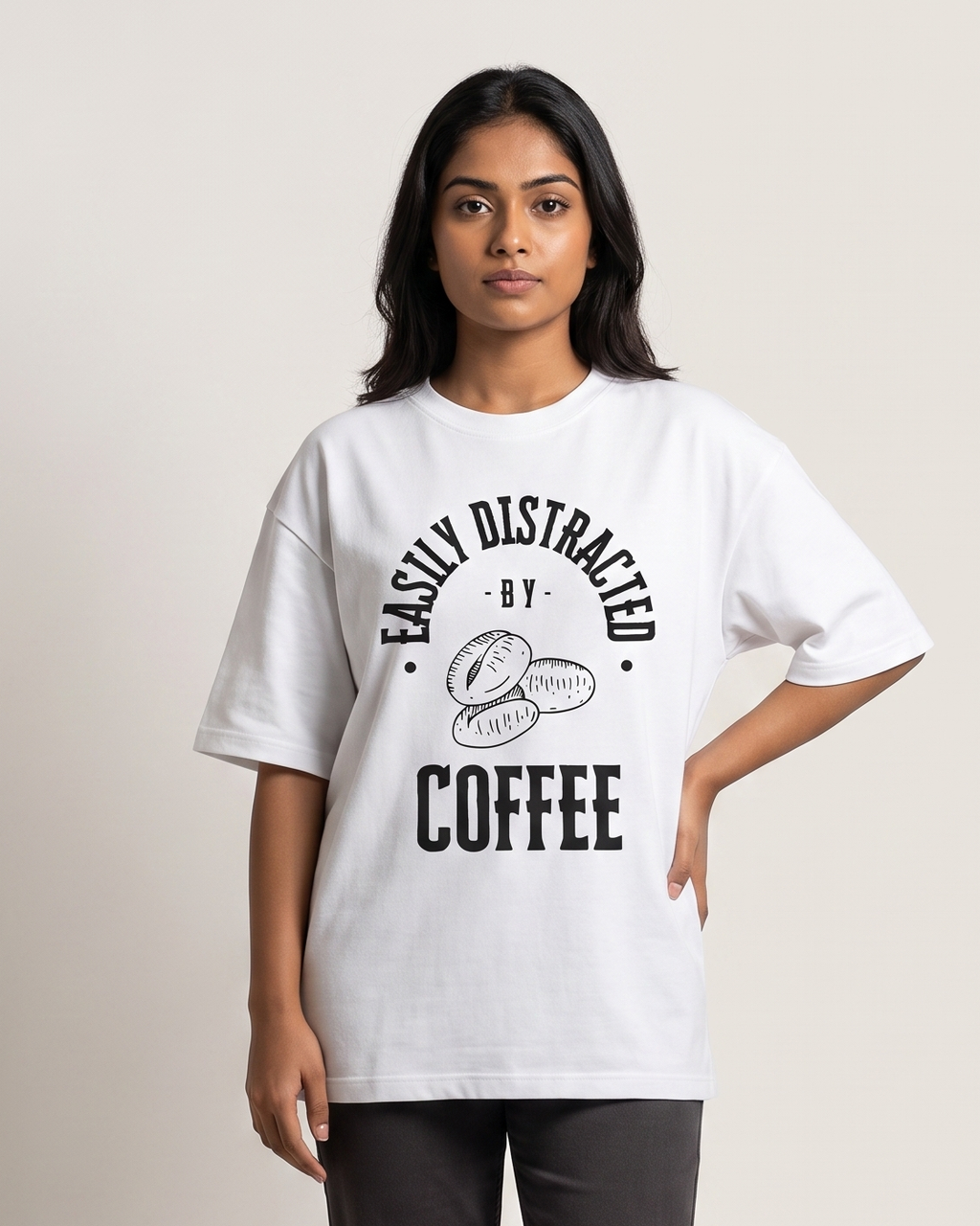 Distracted by Coffee - Light - White - Chapter26 premium oversized graphic t-shirt, worn by a female model