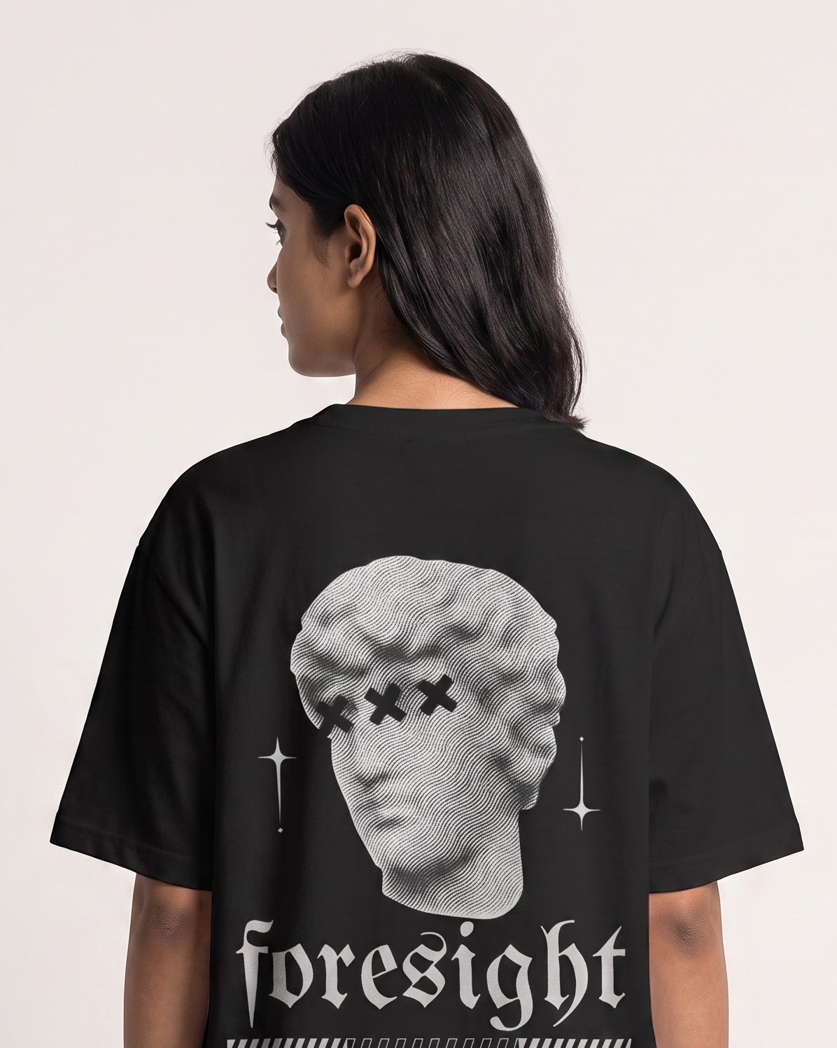 Foresight - Black - Chapter26 premium oversized graphic t-shirt, back print, worn by a female model