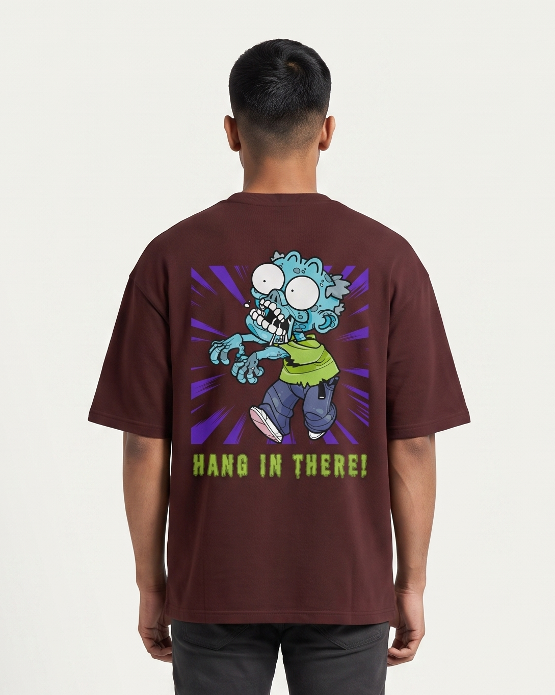 Hang In There - Maroon - Chapter26 premium oversized graphic t-shirt, back print, worn by a model