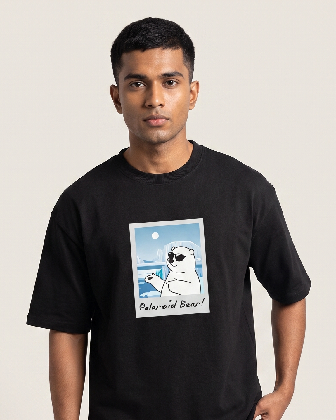 Polaroid Bear - Black - Chapter26 premium oversized graphic t-shirt, worn by a model