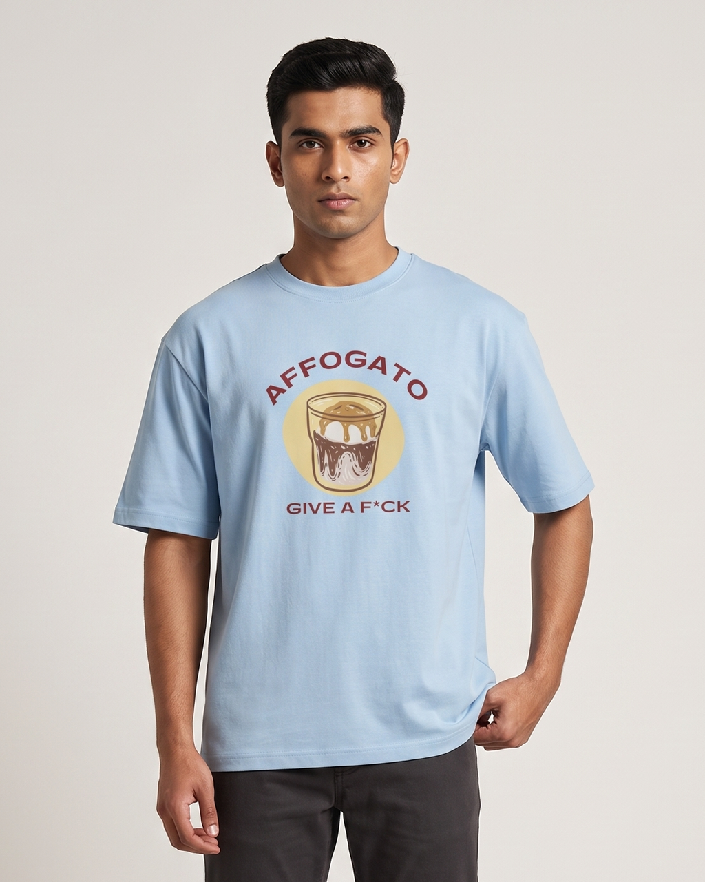 Affogato Give A F*CK - Baby Blue - Chapter26 premium oversized graphic t-shirt, worn by a model