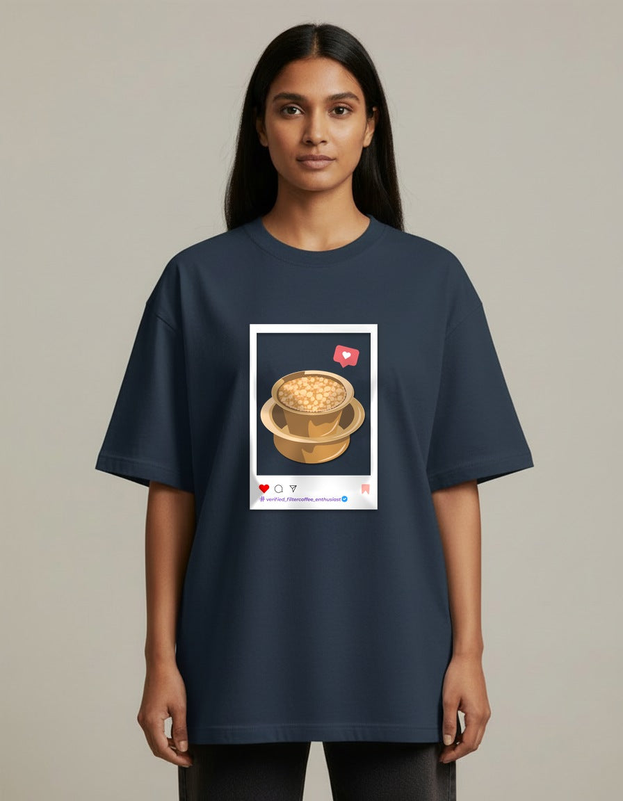Filter Coffee Enthusiast - Navy Blue - Chapter26 premium oversized graphic t-shirt, worn by a female model