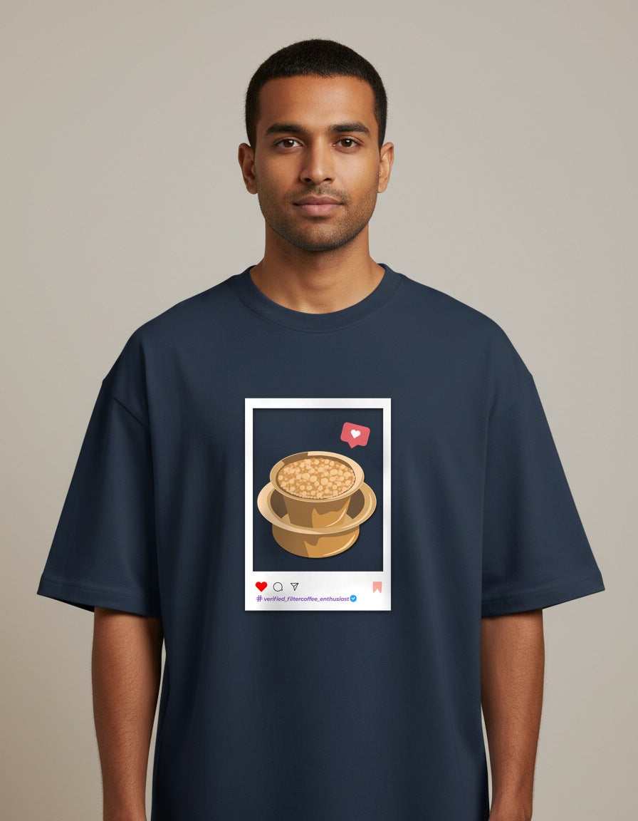 Filter Coffee Enthusiast - Navy Blue - Chapter26 premium oversized graphic t-shirt, worn by a male model