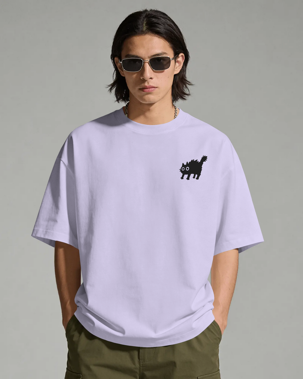 Freaky Cat - Chapter26 premium oversized graphic t-shirt worn by a model, front view