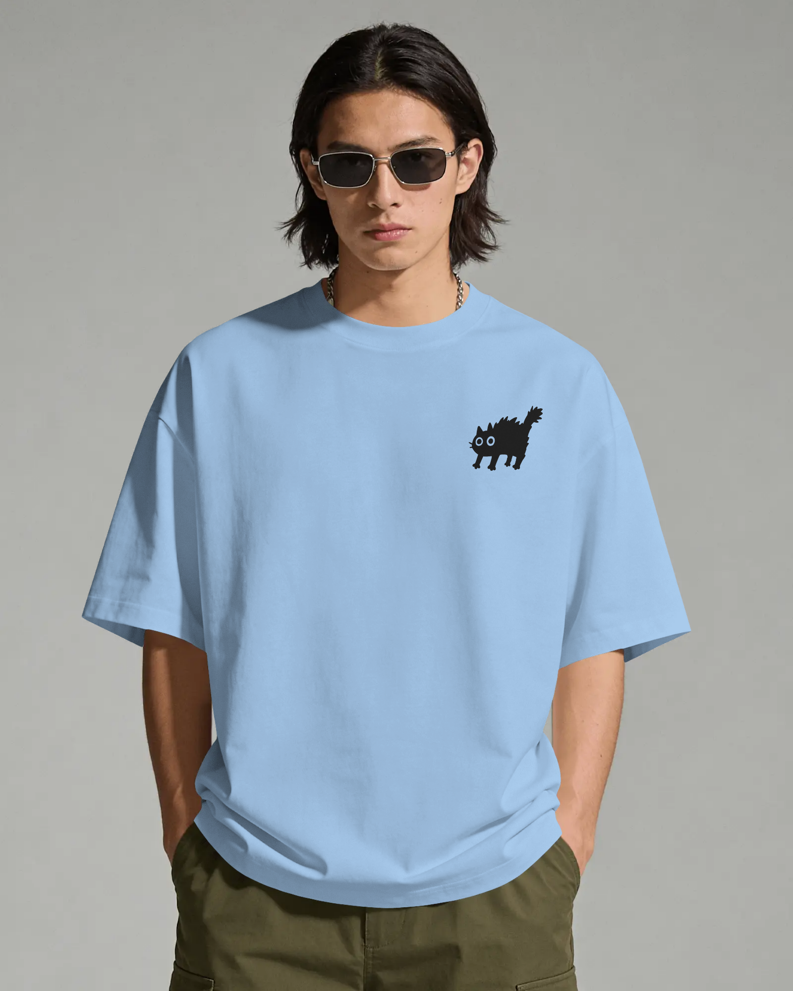 Freaky Cat - Chapter26 premium oversized graphic t-shirt worn by a model, front view