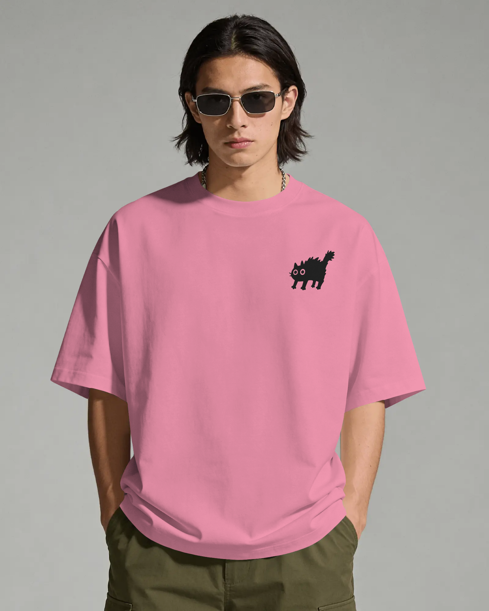Freaky Cat - Chapter26 premium oversized graphic t-shirt worn by a model, front view