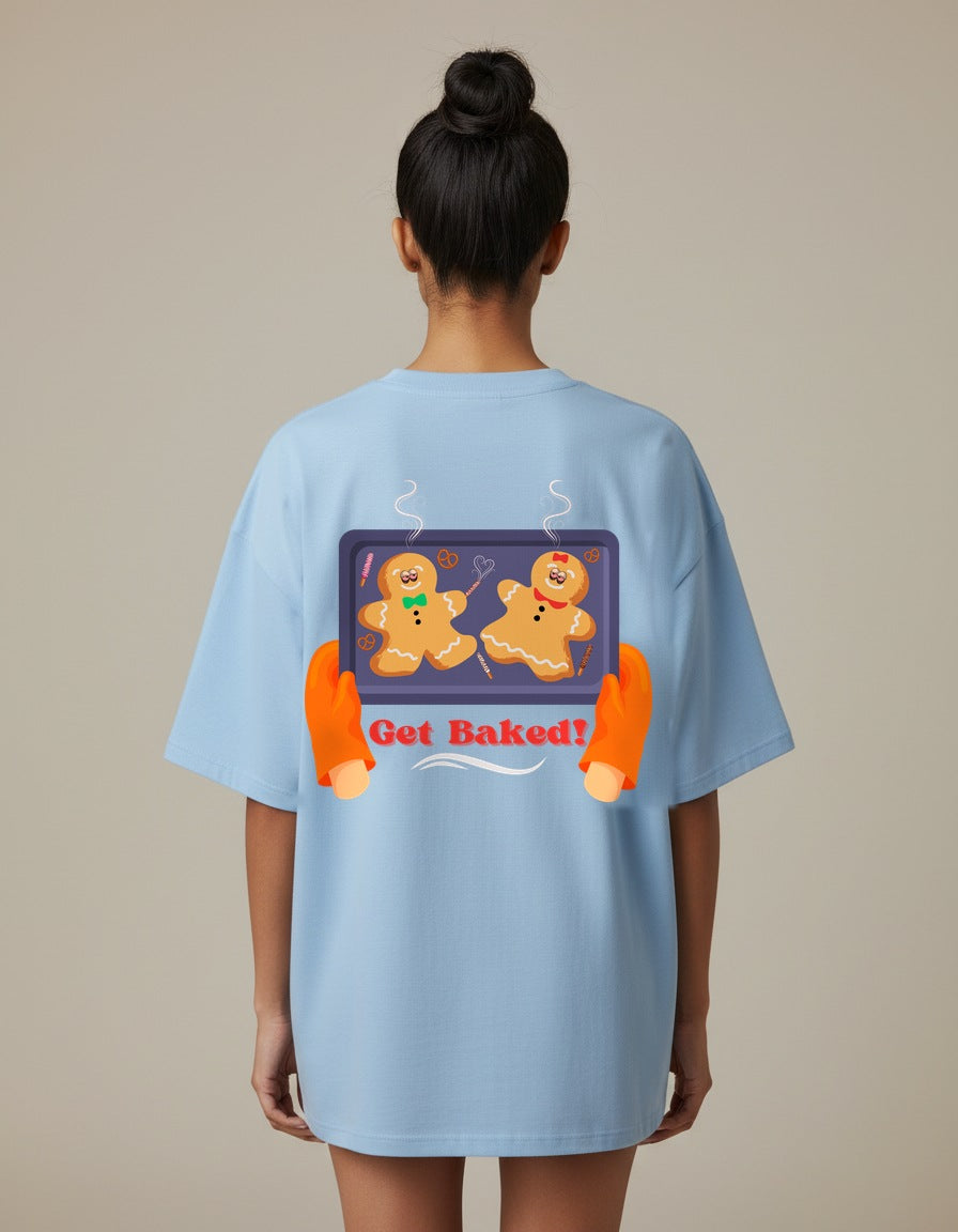 Get Baked - Baby Blue - Chapter26 premium oversized graphic t-shirt, back print, worn by a female model