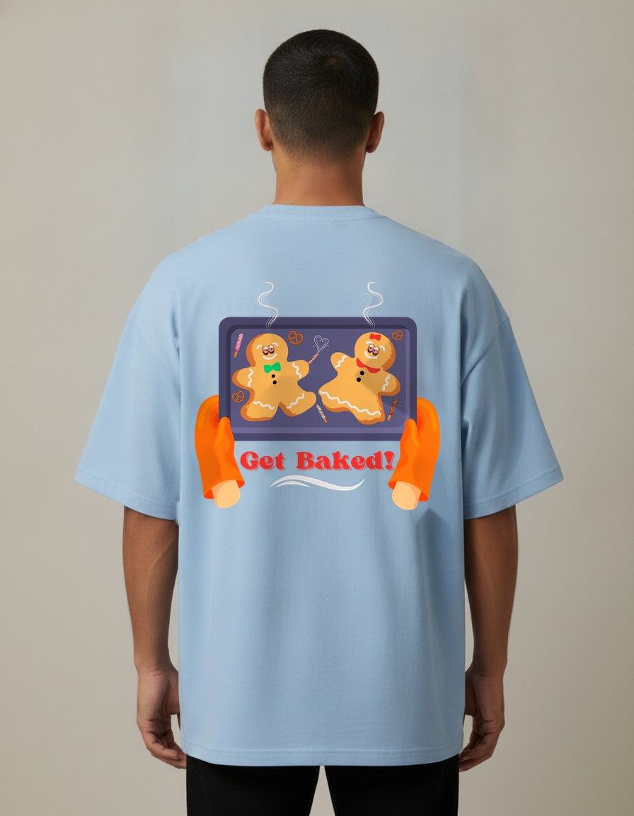 Get Baked - Baby Blue - Chapter26 premium oversized graphic t-shirt, back print, worn by a male model