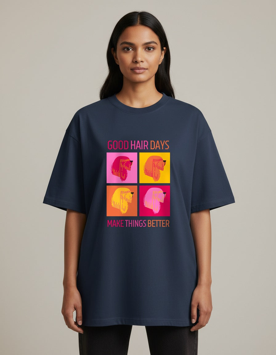 Good Hair Days - Navy Blue - Chapter26 premium oversized graphic t-shirt, worn by a female model