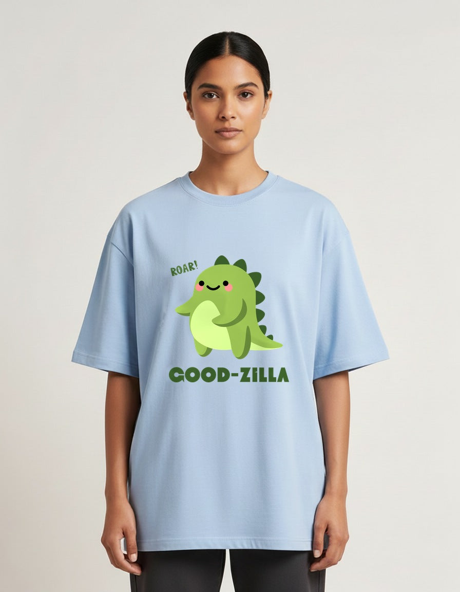 Good-Zilla - Baby Blue - Chapter26 premium oversized graphic t-shirt, worn by a female model