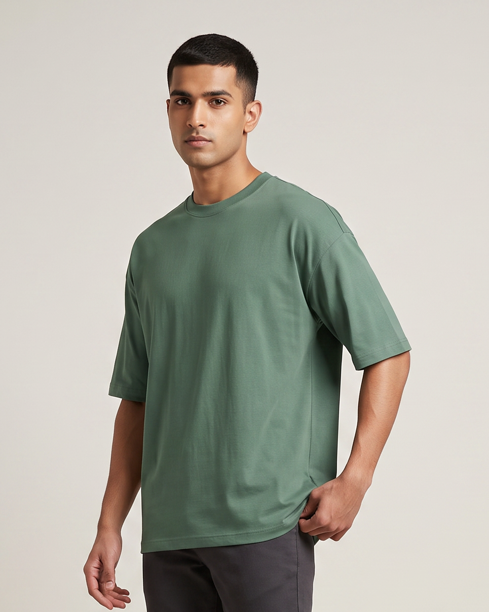 Green oversized t-shirt front on model