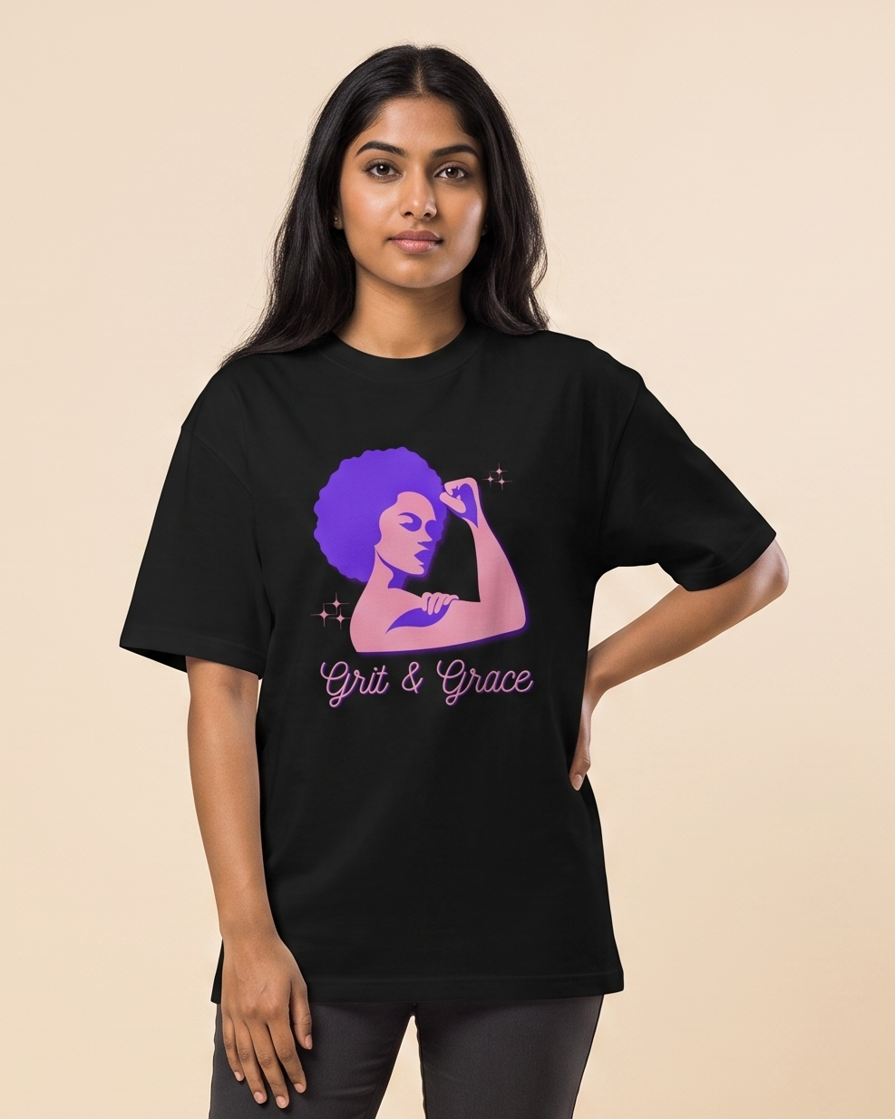 Grit & Grace - Black - Chapter26 premium oversized graphic t-shirt, worn by a female model