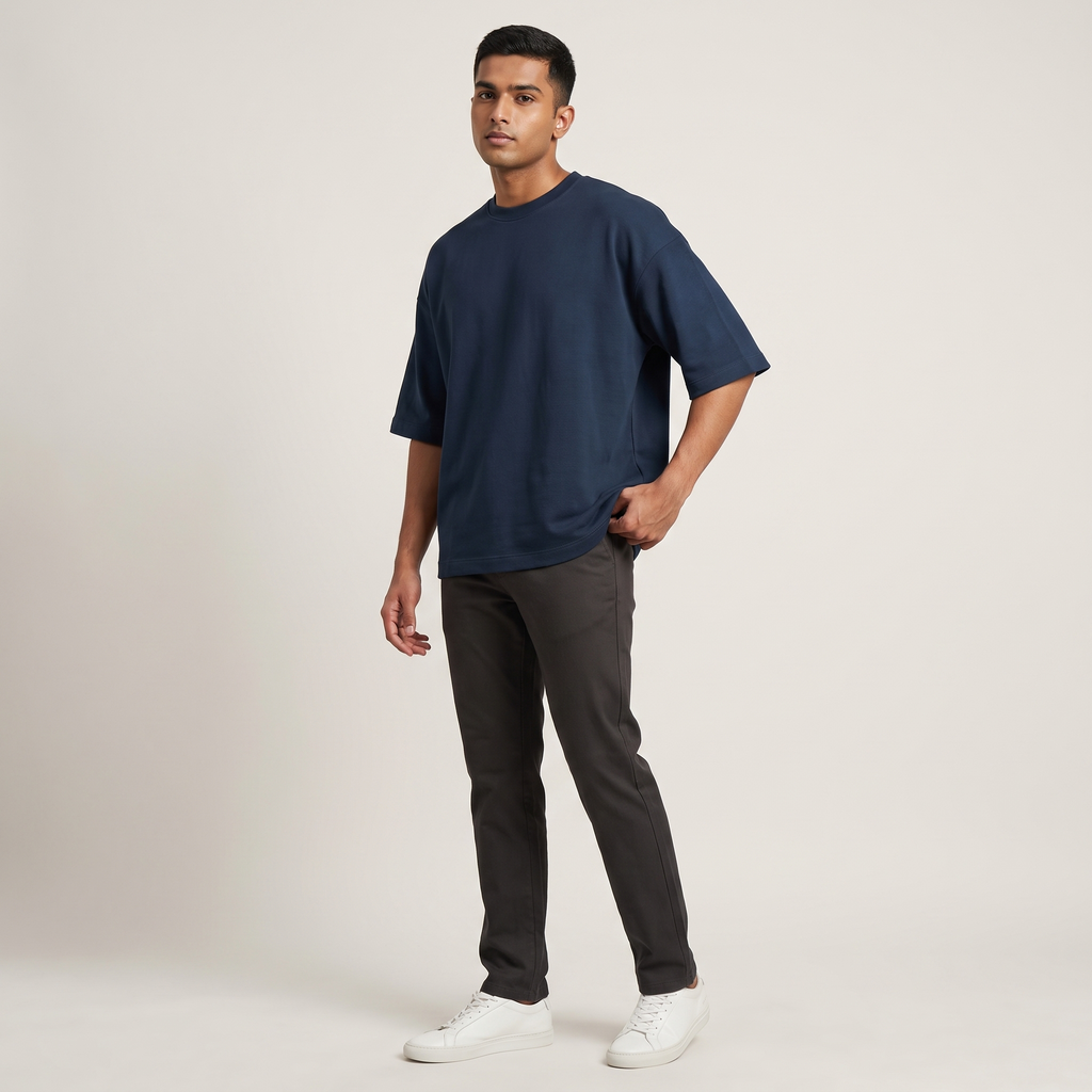 Model wearing New Navy oversized t-shirt, front three-quarter view