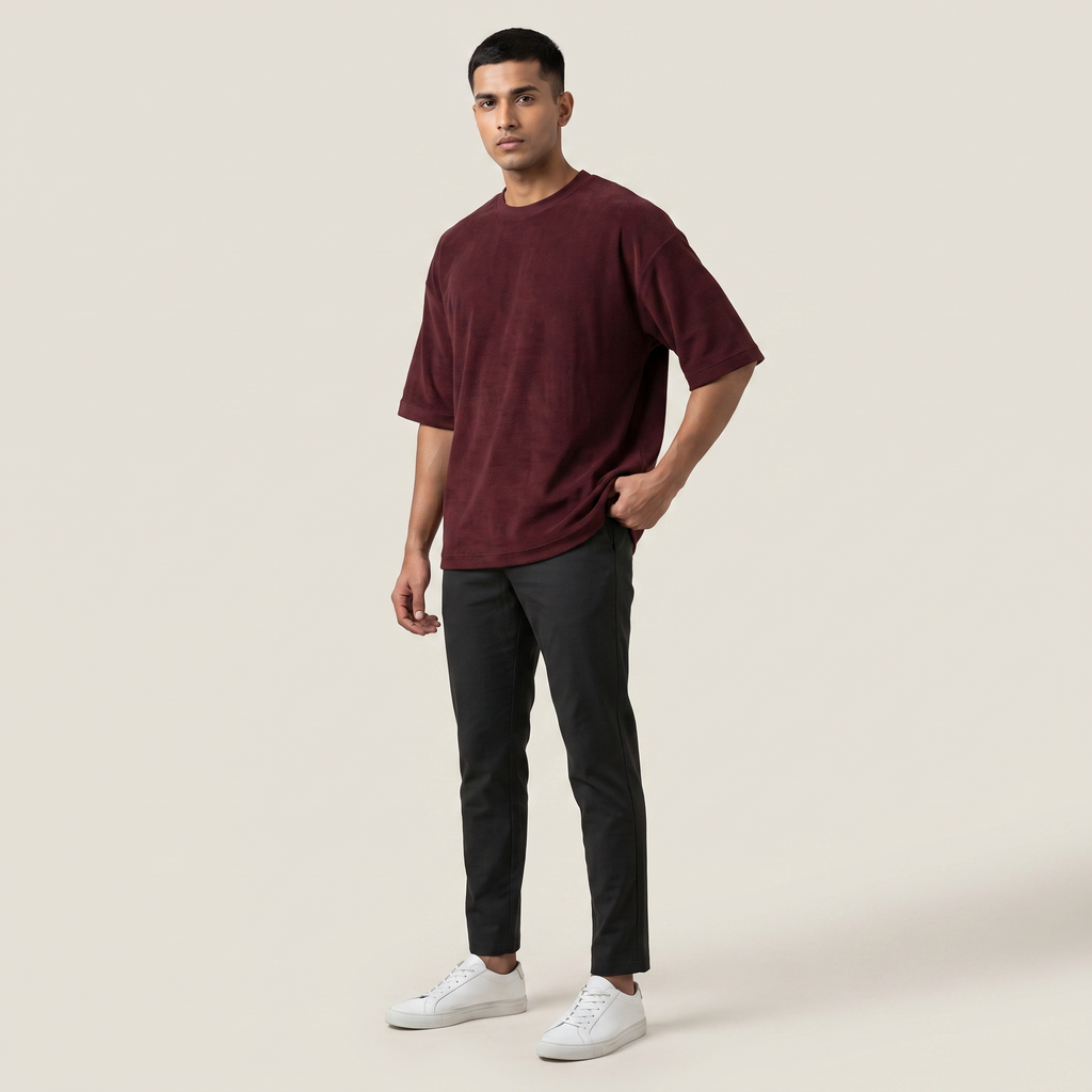 Model wearing Mega Maroon oversized t-shirt, front three-quarter view