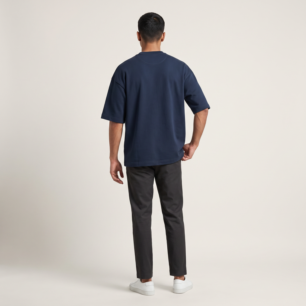 Model wearing New Navy oversized t-shirt, back view