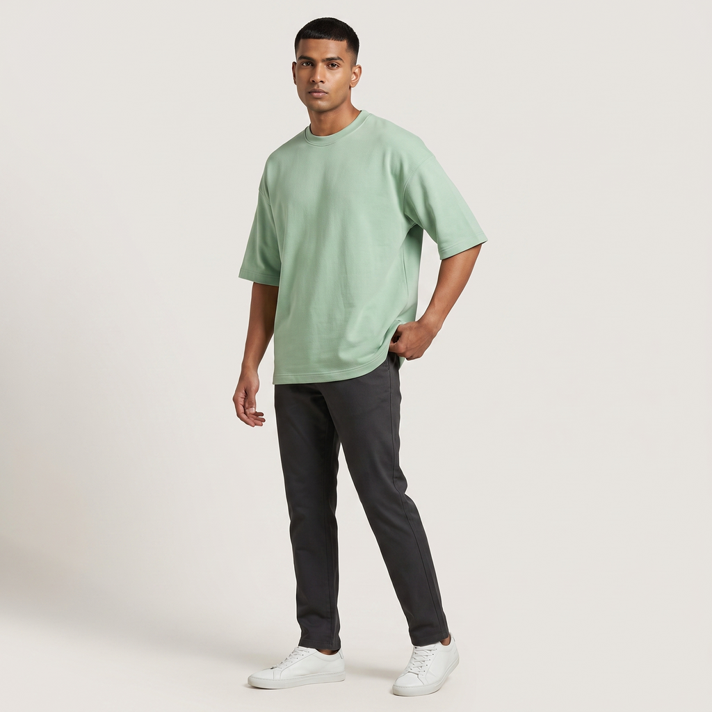 Model wearing Jade oversized t-shirt, front three-quarter view