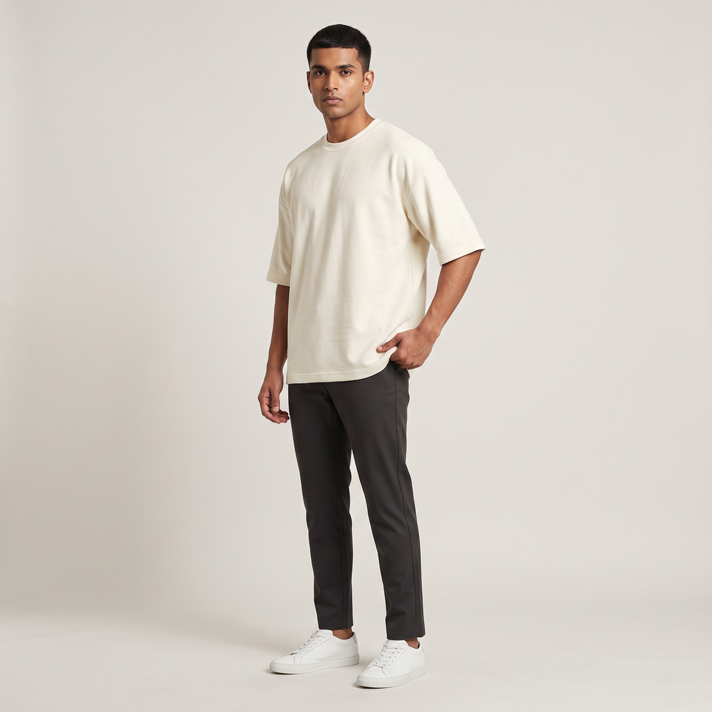 Model wearing Off White oversized t-shirt, front three-quarter view