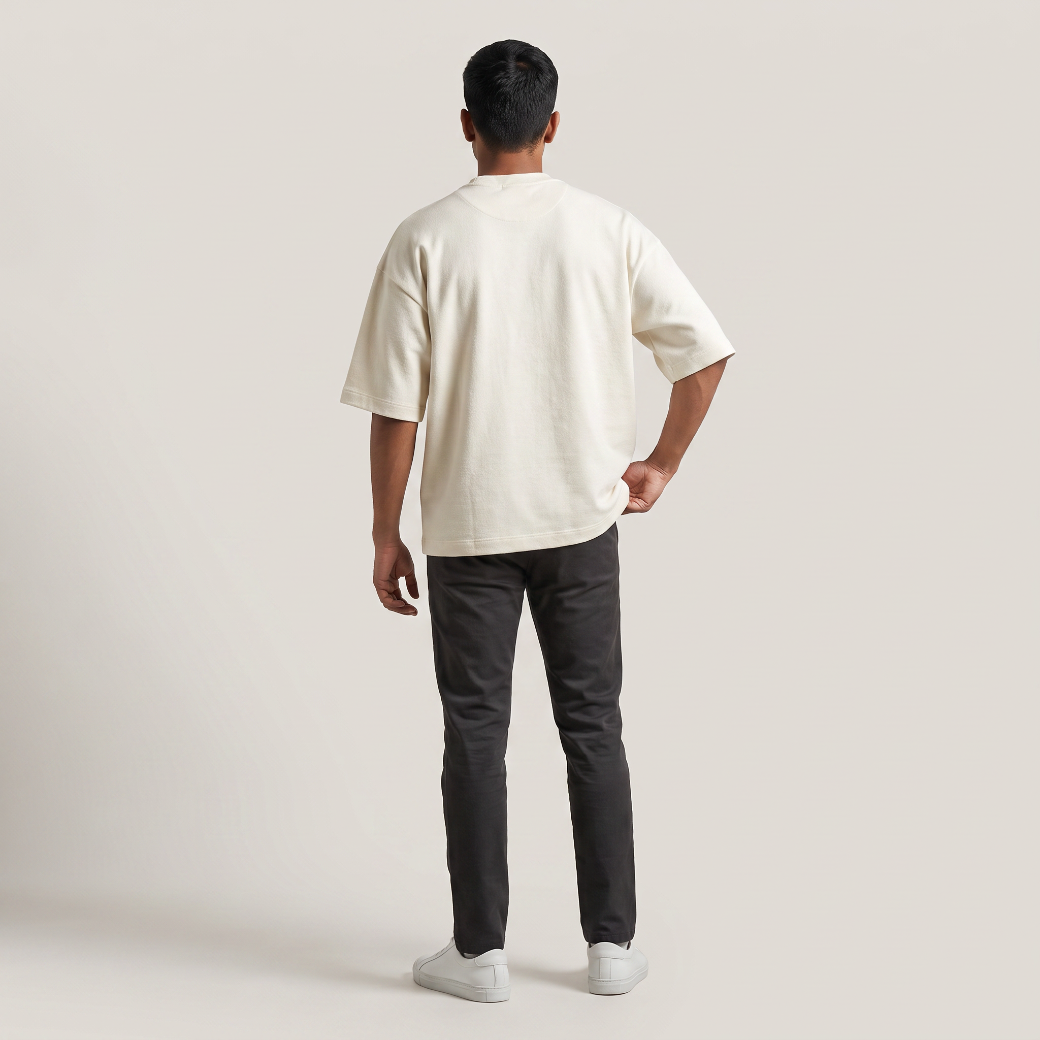 Model wearing Off White oversized t-shirt, back view