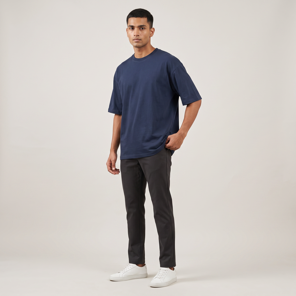 Model wearing Navy classic oversized t-shirt, front three-quarter view