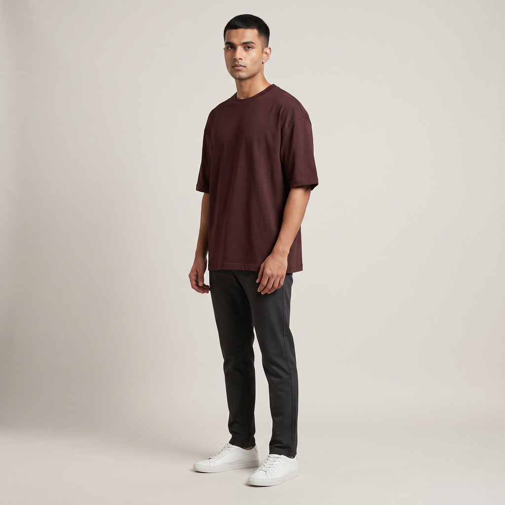 Model wearing Maroon classic oversized t-shirt, front three-quarter view