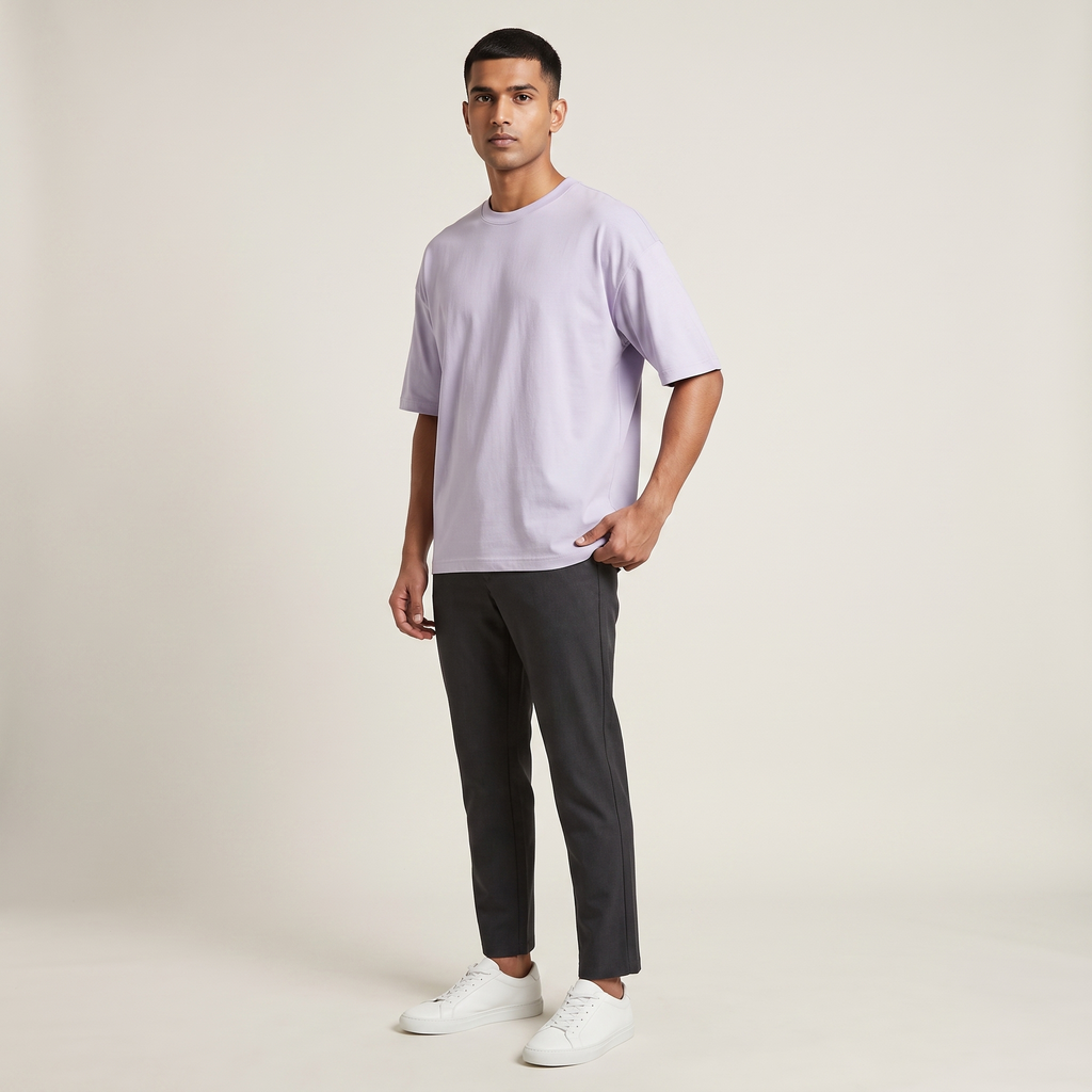 Model wearing Lavender classic oversized t-shirt, front three-quarter view
