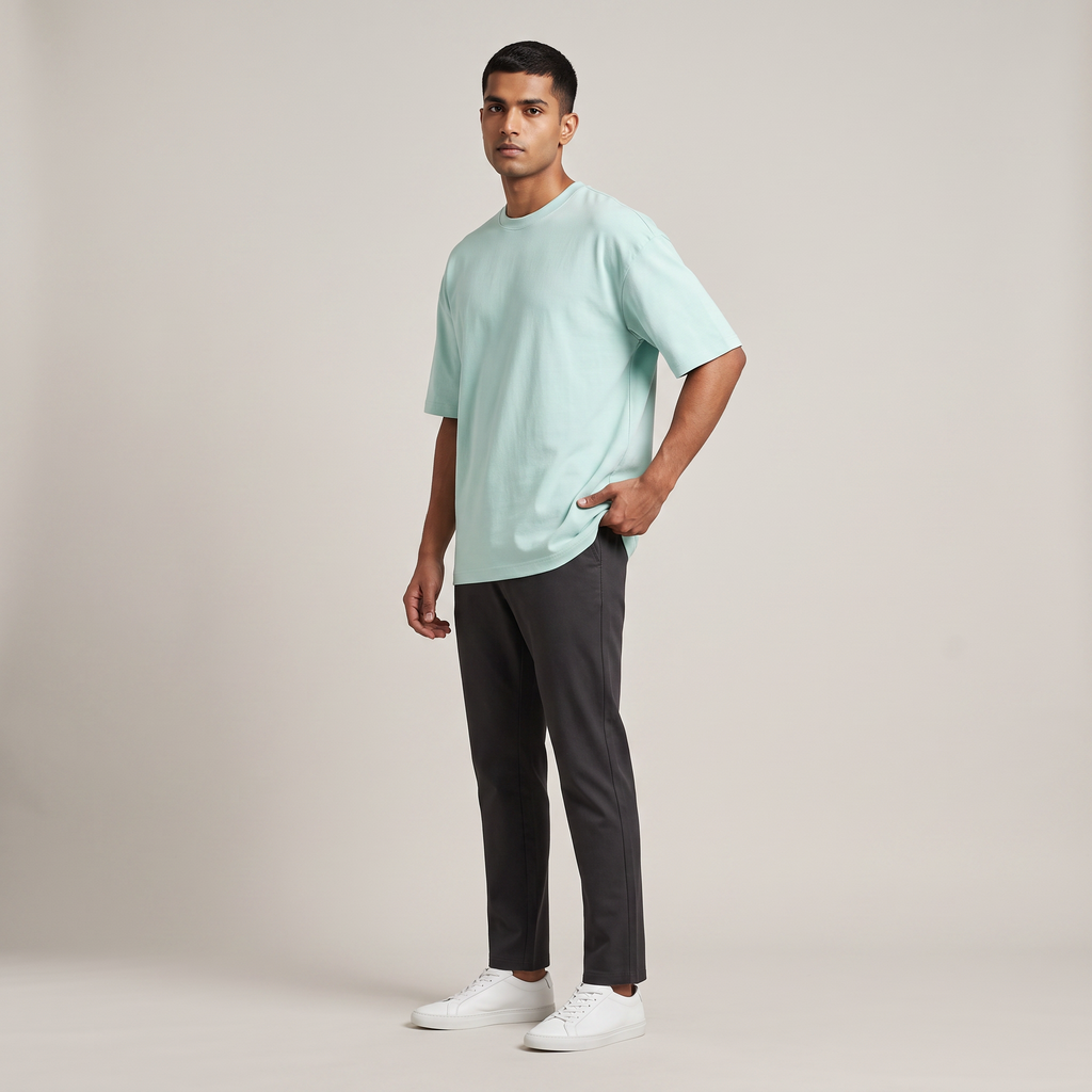 Model wearing Mint classic oversized t-shirt, front three-quarter view