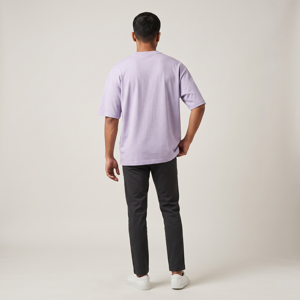 Model wearing Lavender classic oversized t-shirt, back view