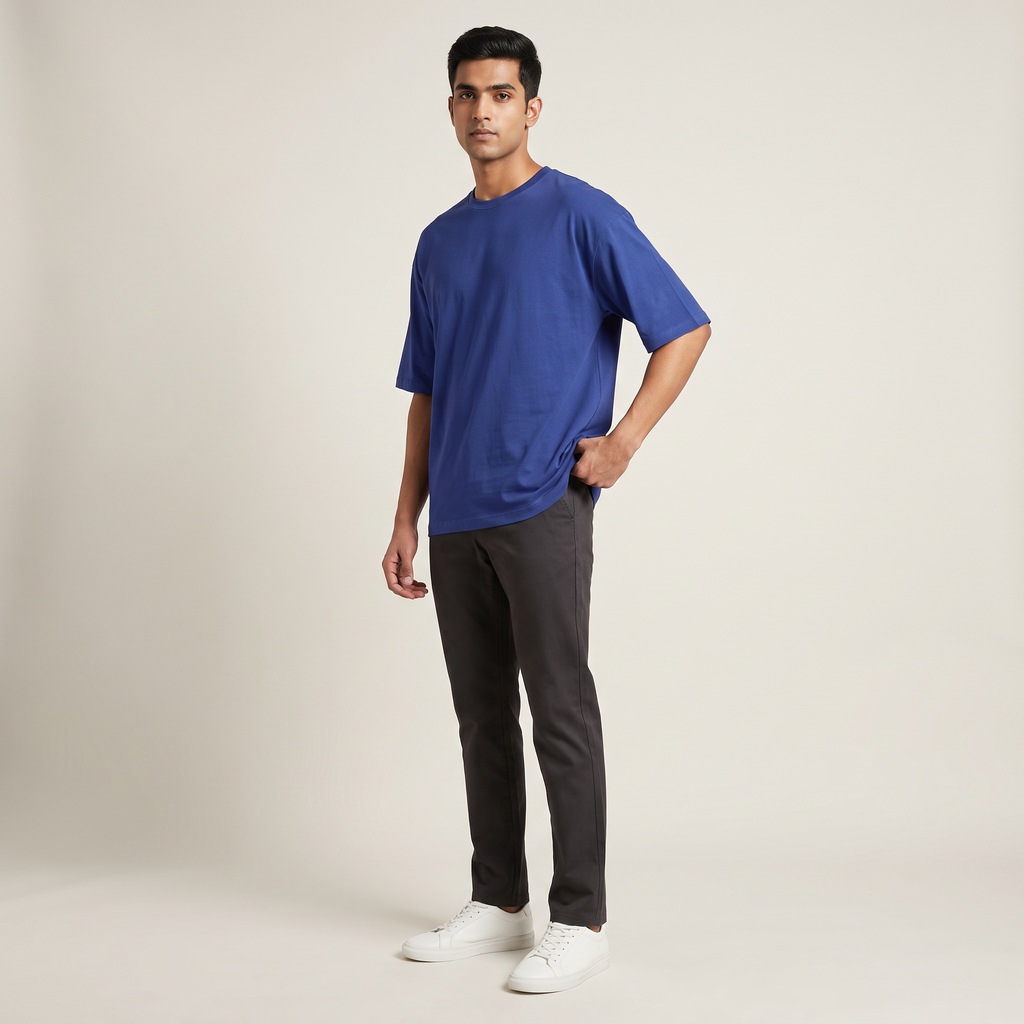 Model wearing Royal Blue classic oversized t-shirt, front three-quarter view