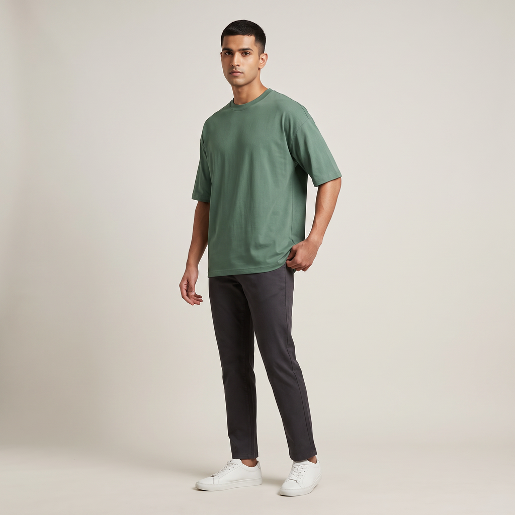 Model wearing Green classic oversized t-shirt, front three-quarter view