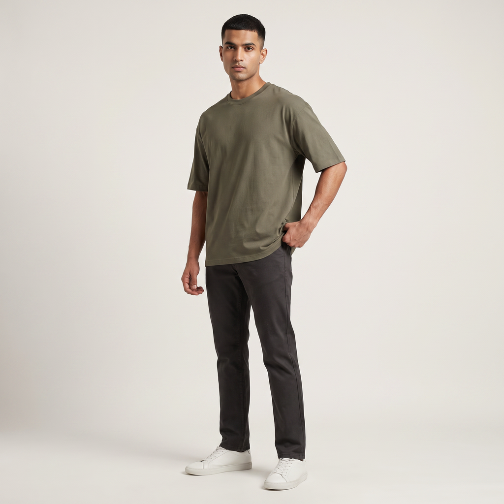 Model wearing Olive classic oversized t-shirt, front three-quarter view