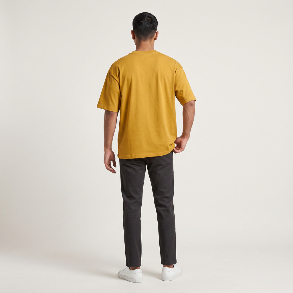 Model wearing Mustard classic oversized t-shirt, back view