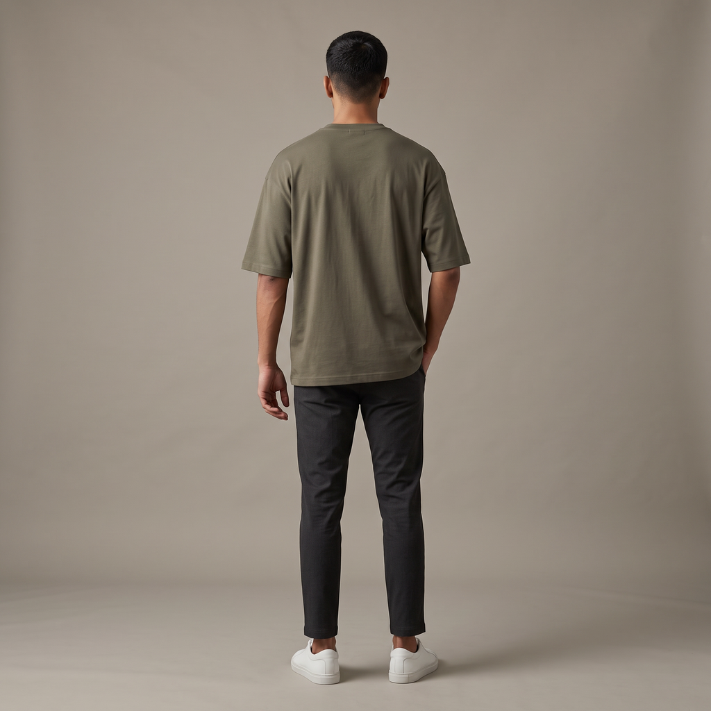 Model wearing Olive classic oversized t-shirt, back view
