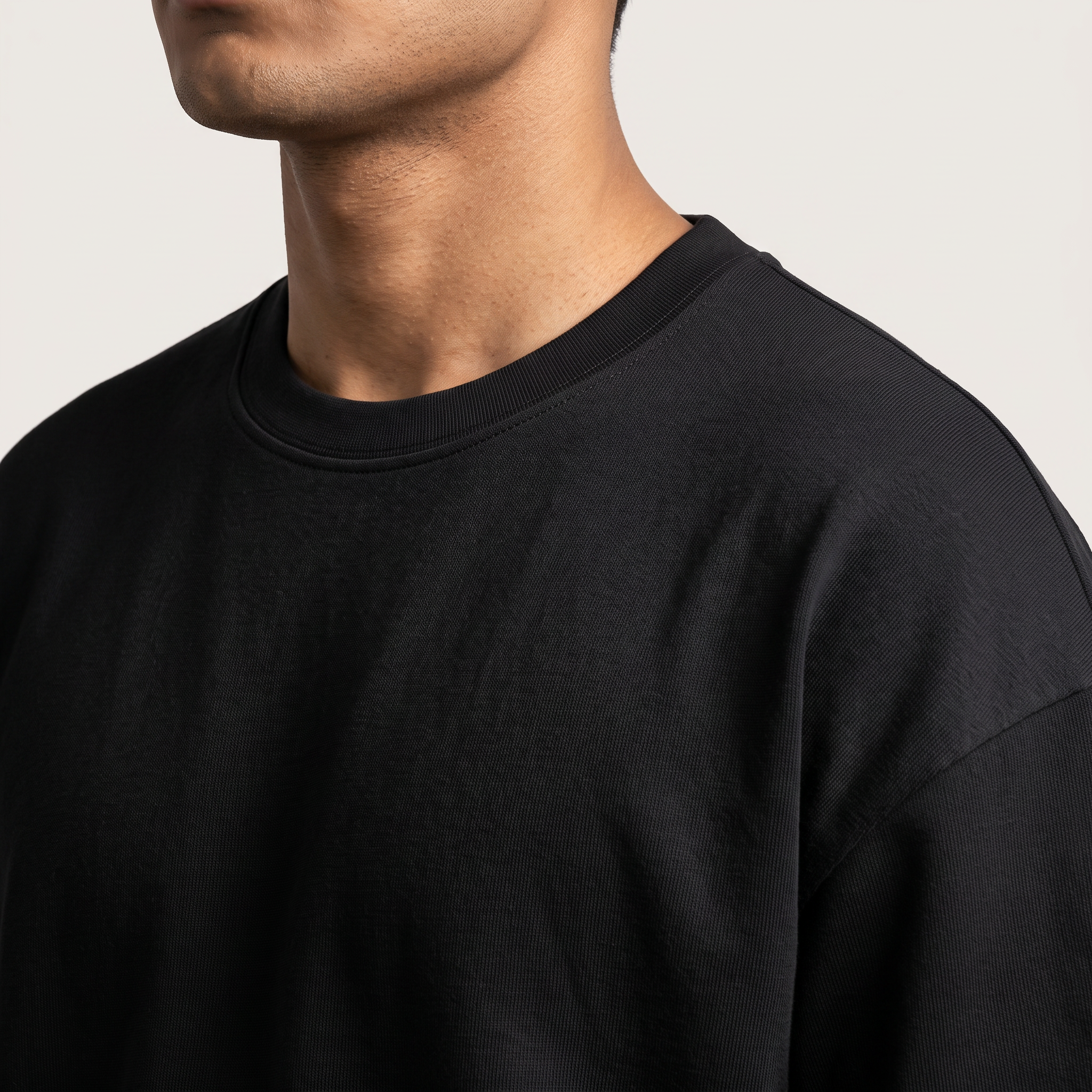 Basic Black oversized t-shirt, collar and shoulder seam fabric detail