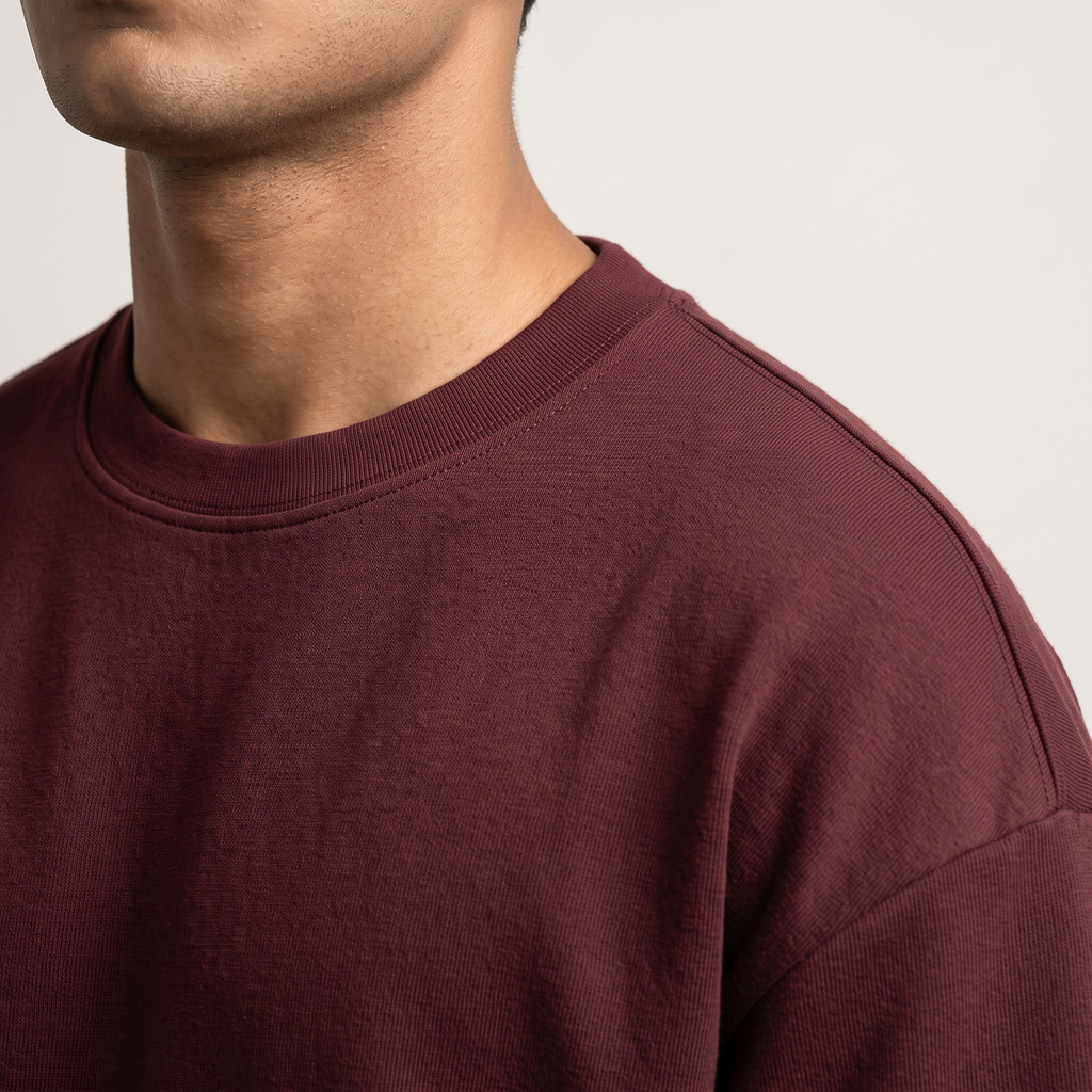 Mega Maroon oversized t-shirt, collar and shoulder seam fabric detail