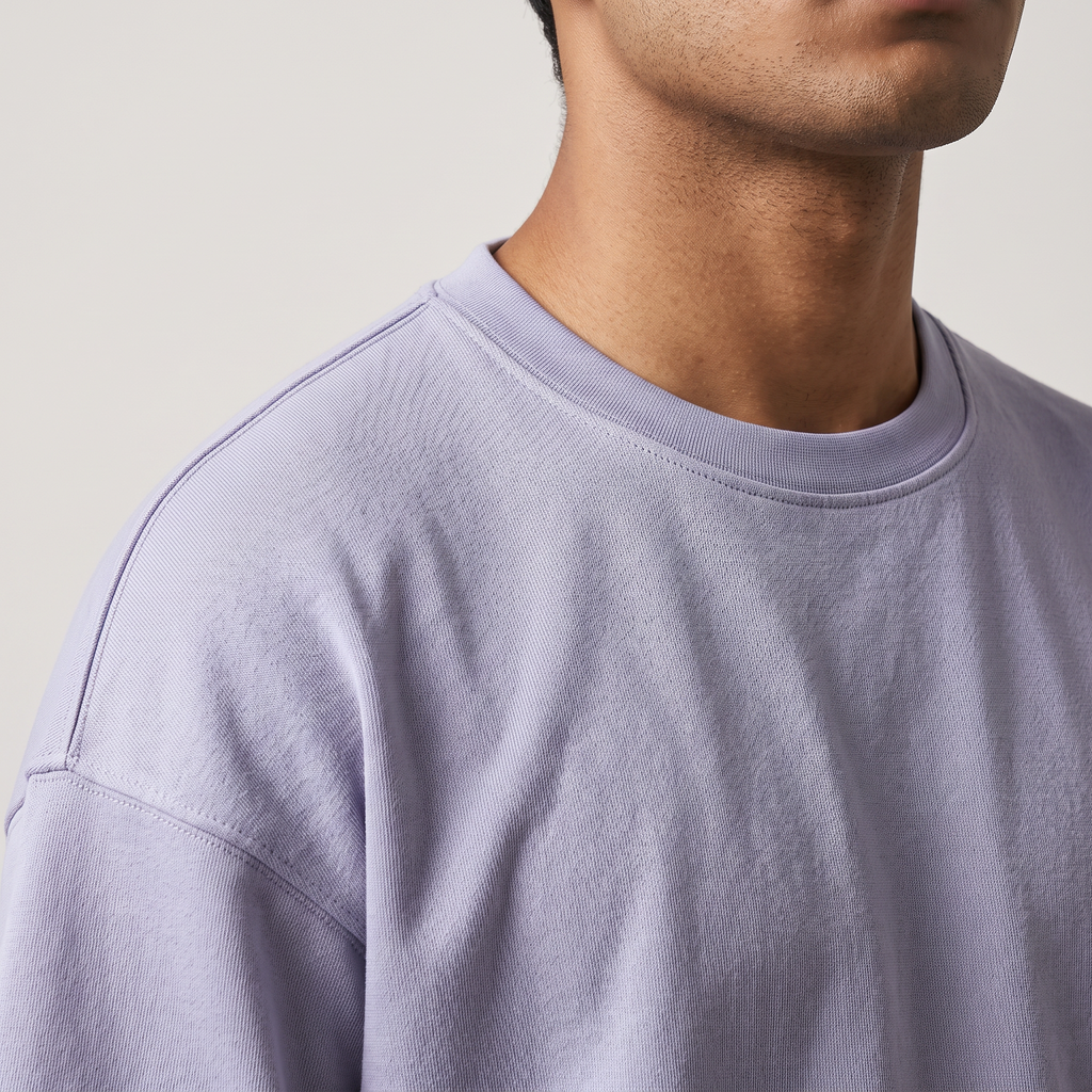 Laid Lavender oversized t-shirt, collar and shoulder seam fabric detail