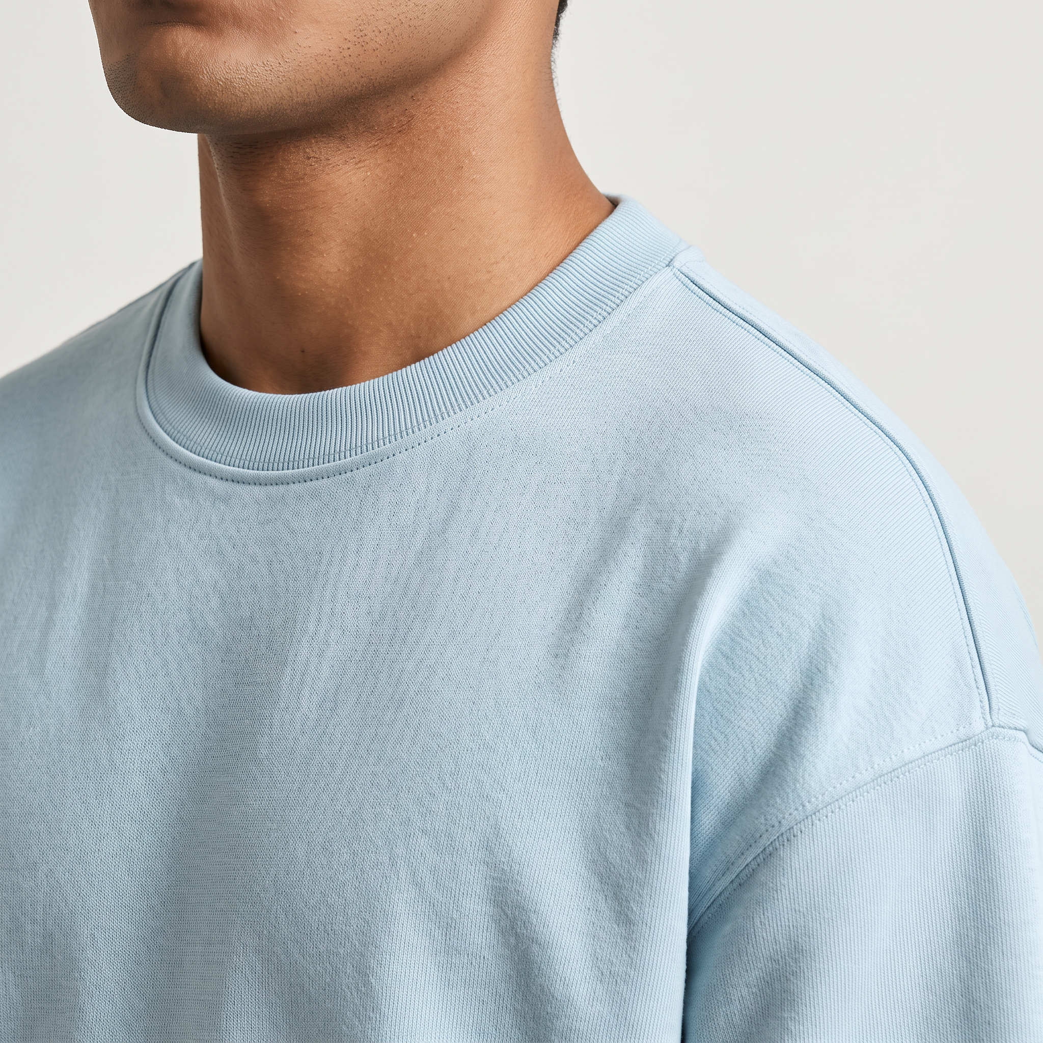 Baby Blue oversized t-shirt, collar and shoulder seam fabric detail