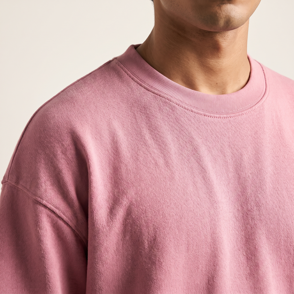 Plush Pink oversized t-shirt, collar and shoulder seam fabric detail