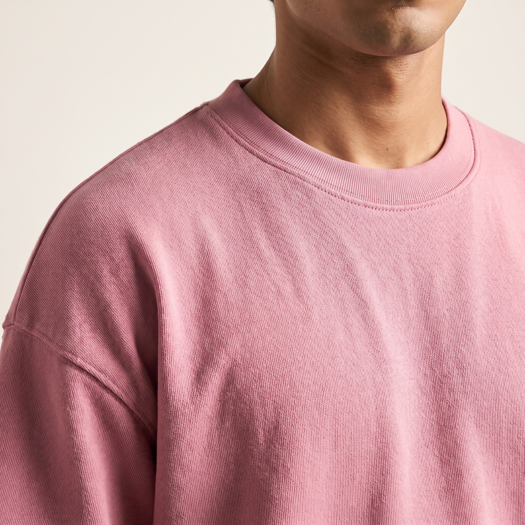 Plush Pink oversized t-shirt, collar and shoulder seam fabric detail