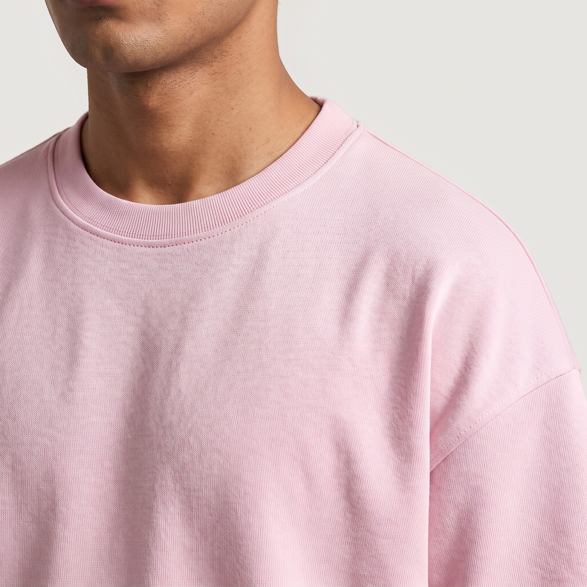 Baby Pink oversized t-shirt, collar and shoulder seam fabric detail