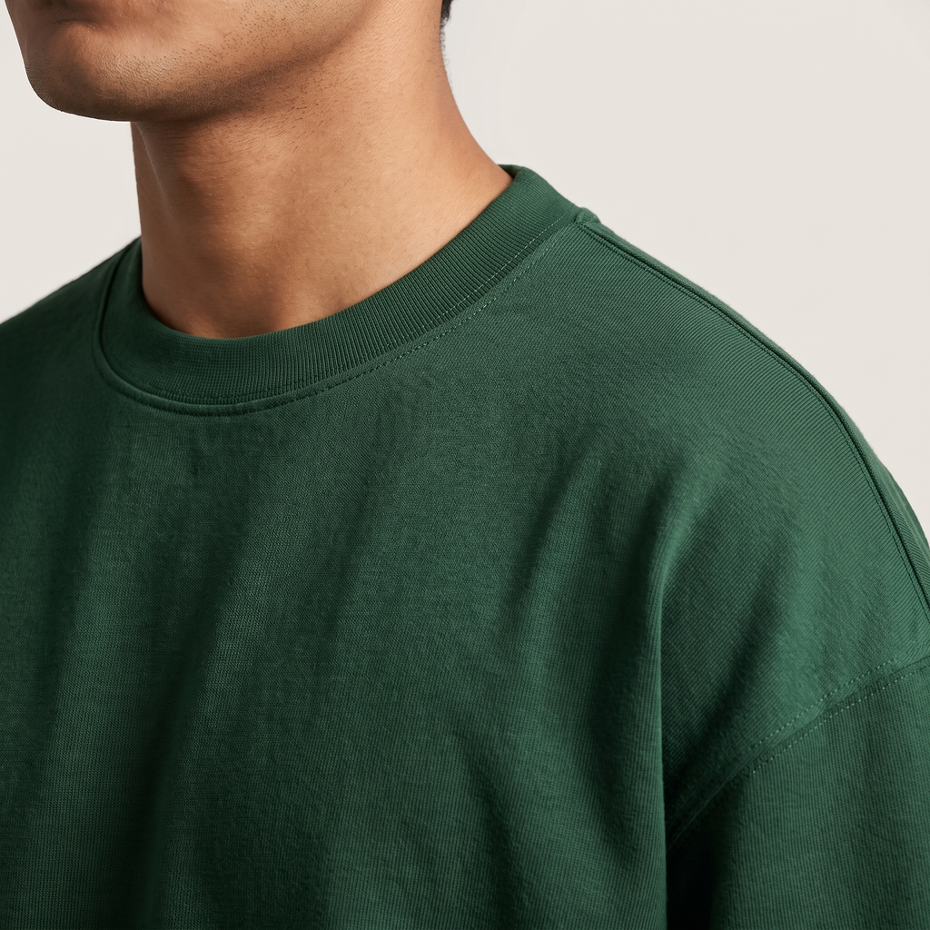Bottle Green oversized t-shirt, collar and shoulder seam fabric detail