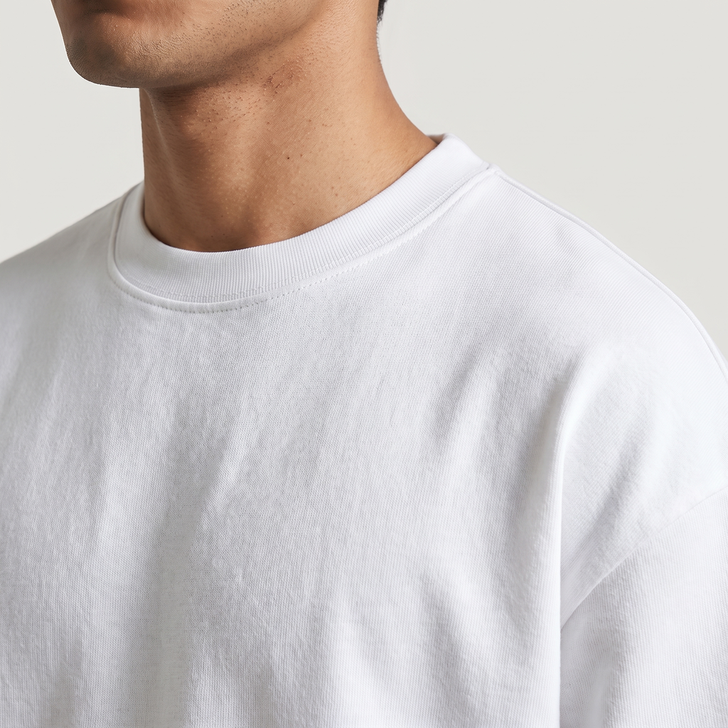 Plain White oversized t-shirt, collar and shoulder seam fabric detail