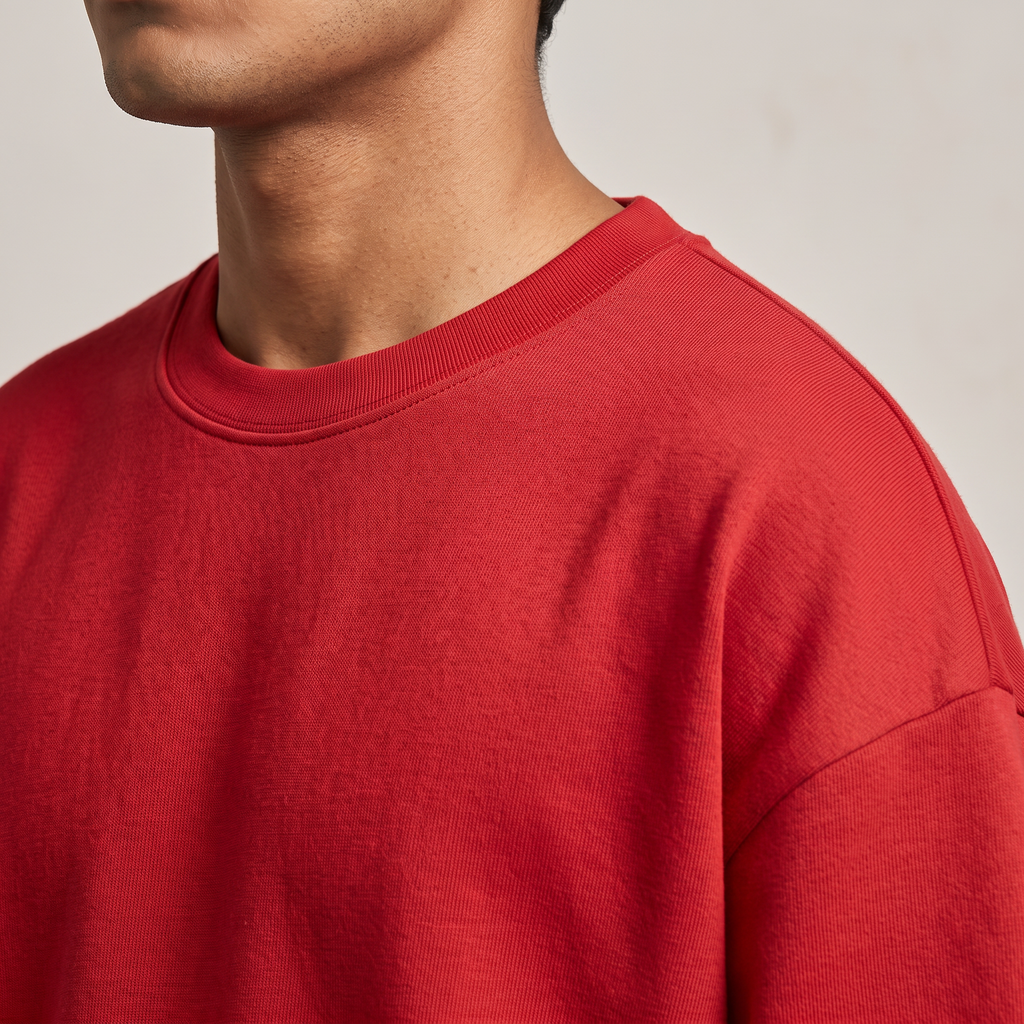 Red Rush oversized t-shirt, collar and shoulder seam fabric detail