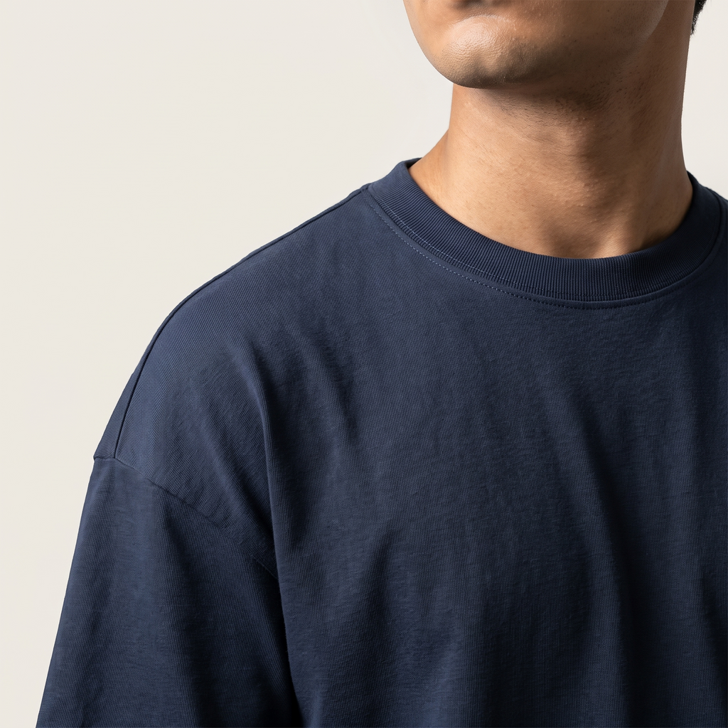 Navy classic oversized t-shirt, collar and shoulder seam fabric detail