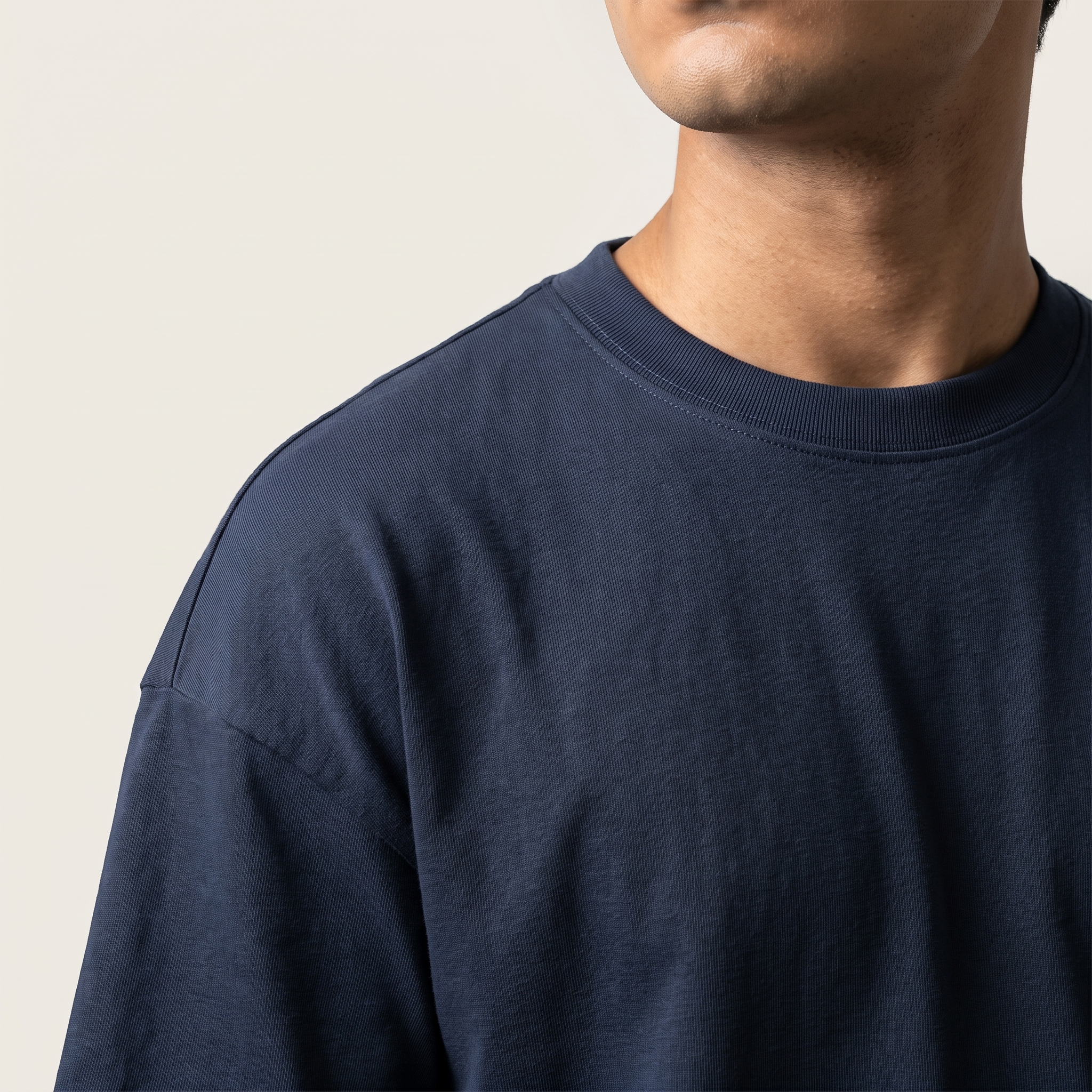 Navy classic oversized t-shirt, collar and shoulder seam fabric detail