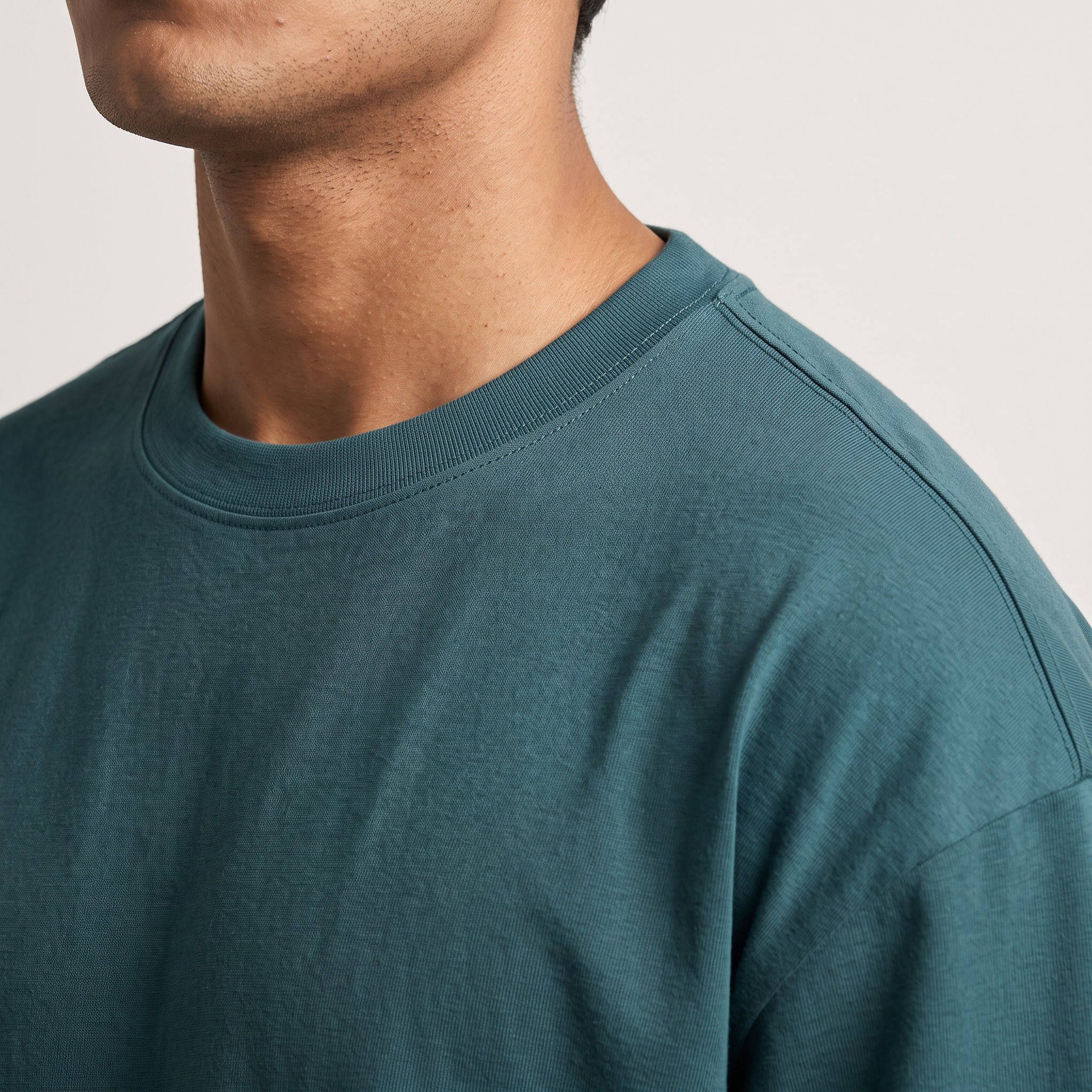 Petrol Blue classic oversized t-shirt, collar and shoulder seam fabric detail