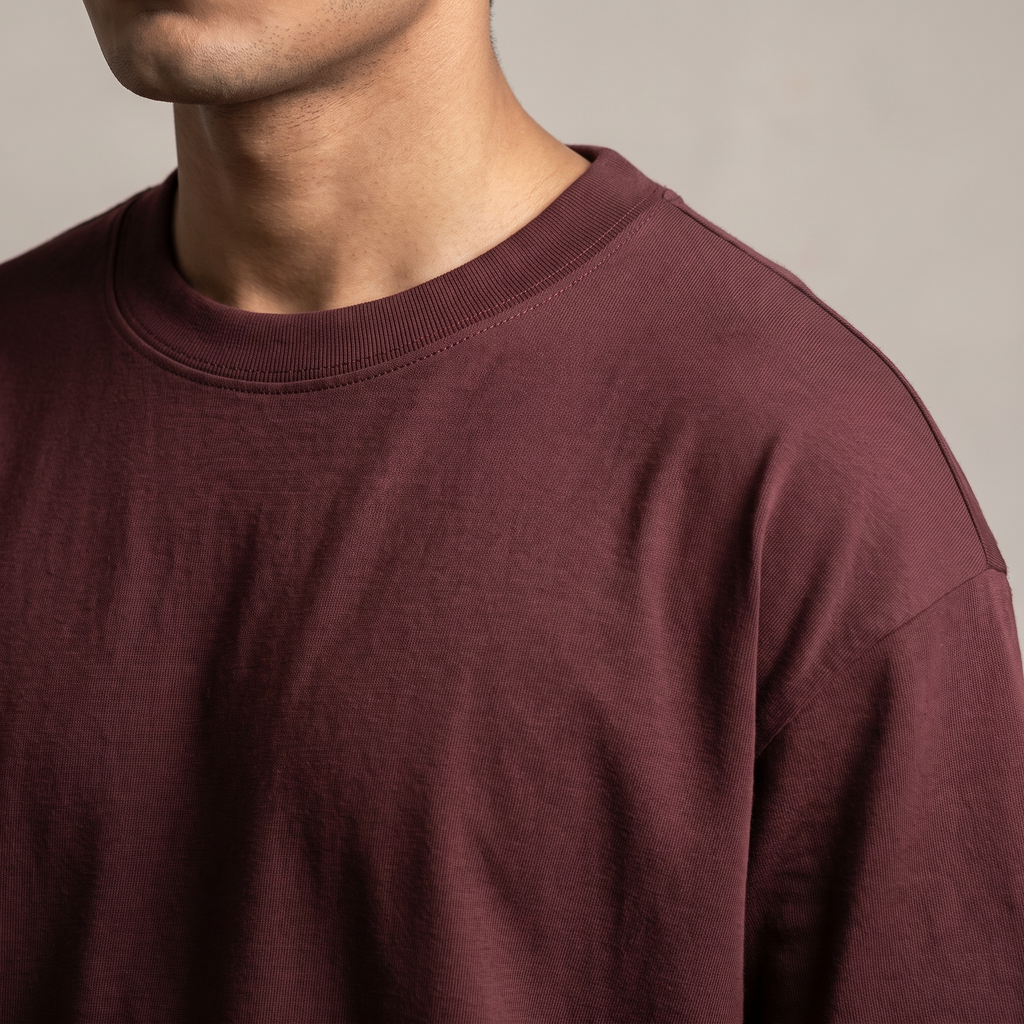 Maroon classic oversized t-shirt, collar and shoulder seam fabric detail
