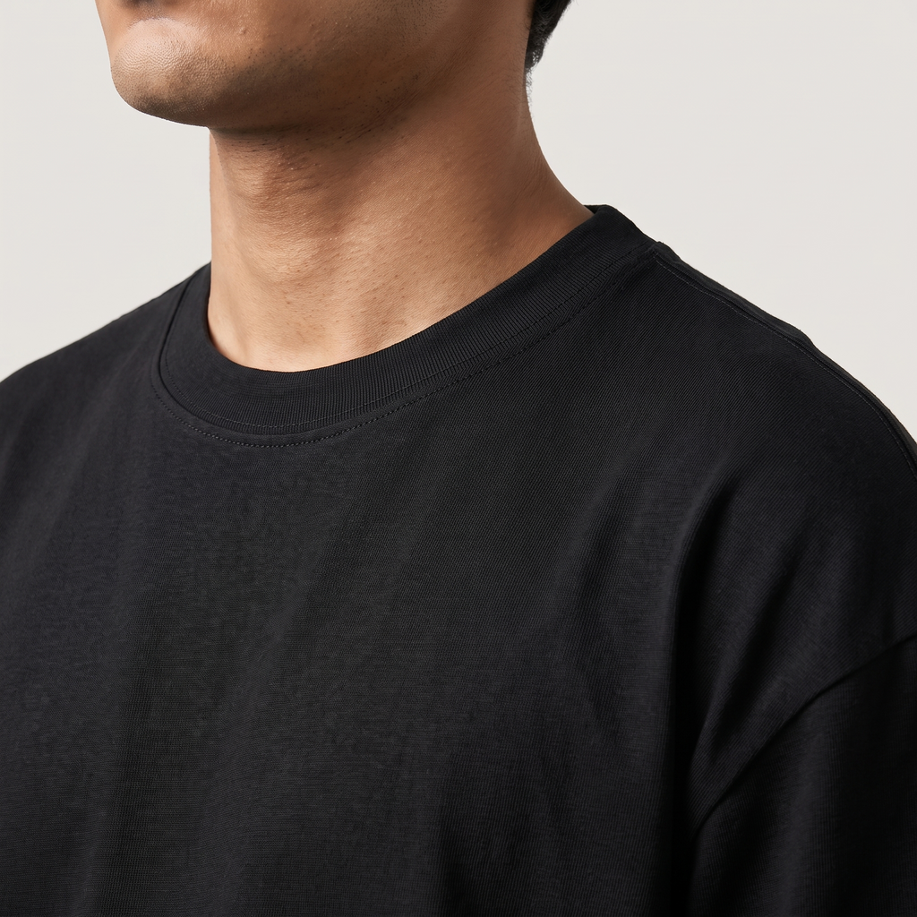 Black classic oversized t-shirt, collar and shoulder seam fabric detail